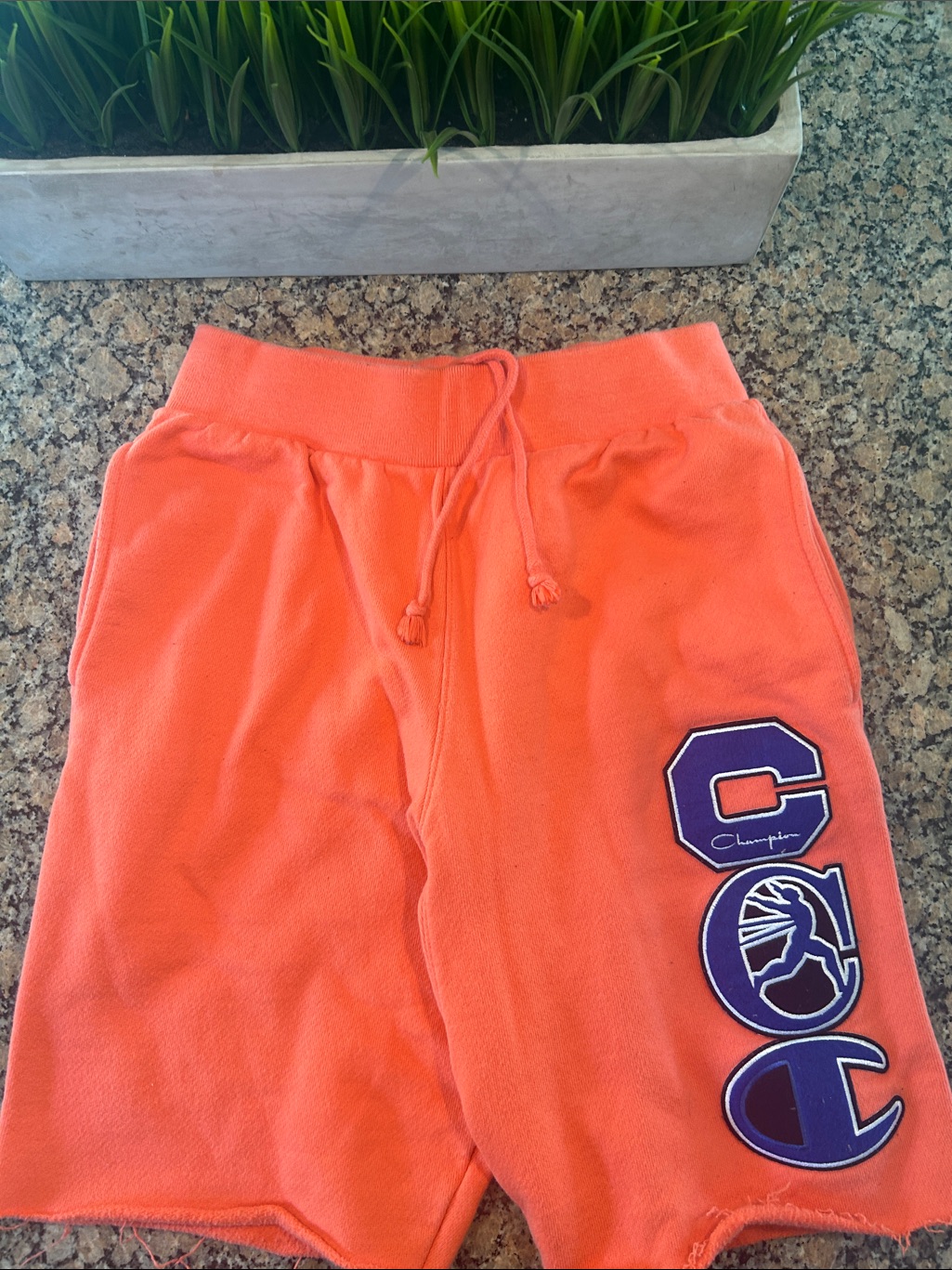 Champion Kids Bright Orange Shorts With Purple Logo Patches